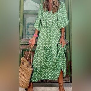 Green and White Off Shoulder Flutter Sleeve Maxi Dress